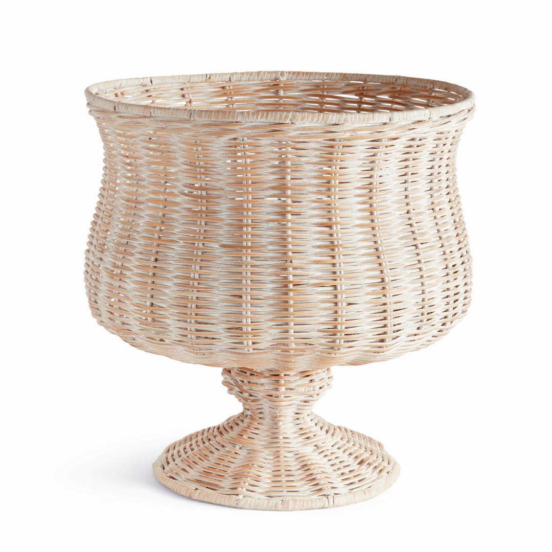 Handwoven wide whitewash rattan footed urn vase with a sculptural silhouette for faux stems and decorative styling – Coastal.