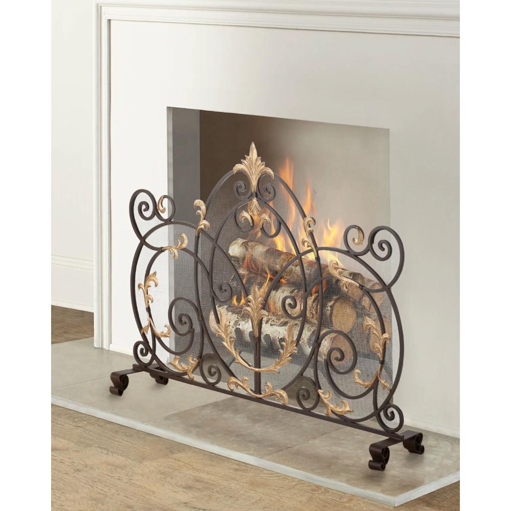 Single Panel Fireplace Screen Dark Brown with Gold Leaf Accents