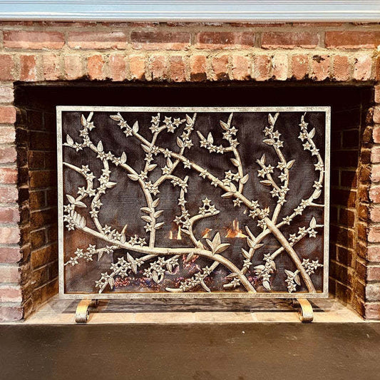 Single Panel Fireplace Screen Antique Gold Cherry Blossom