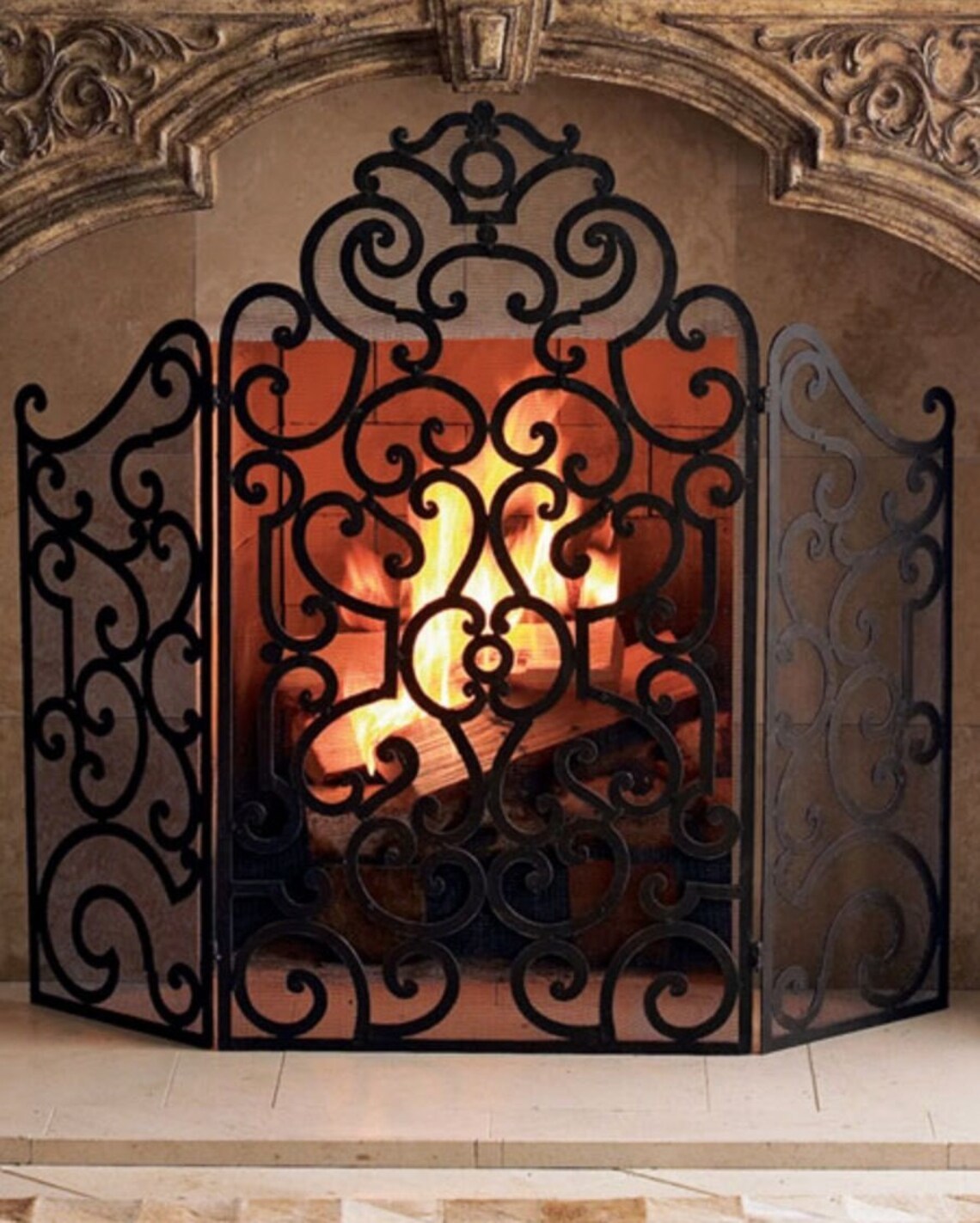 3-Panel Iron Fireplace screen with Stained Antique Brown Scroll Design