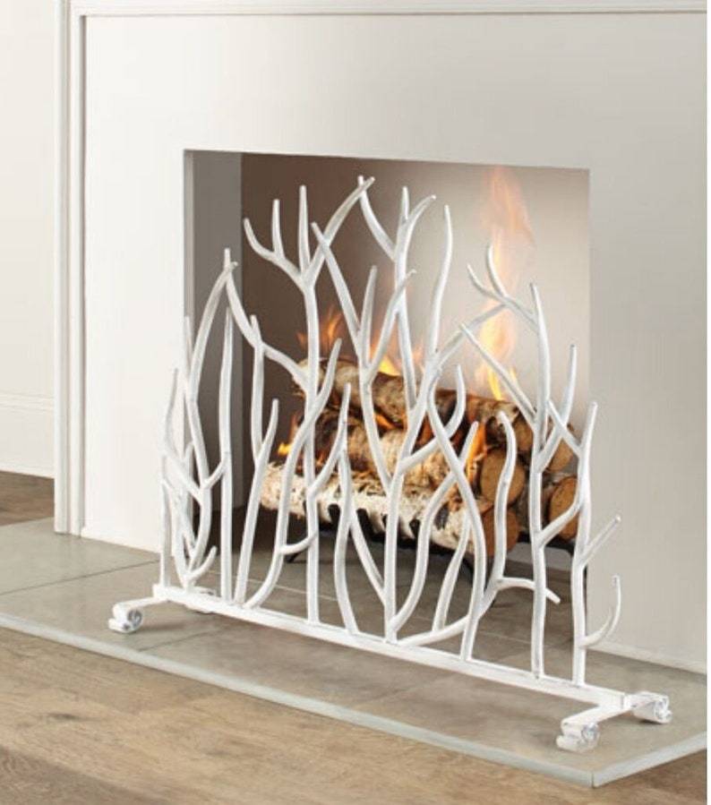 Single Panel Fireplace Screen in Antique White Iron Twig Design