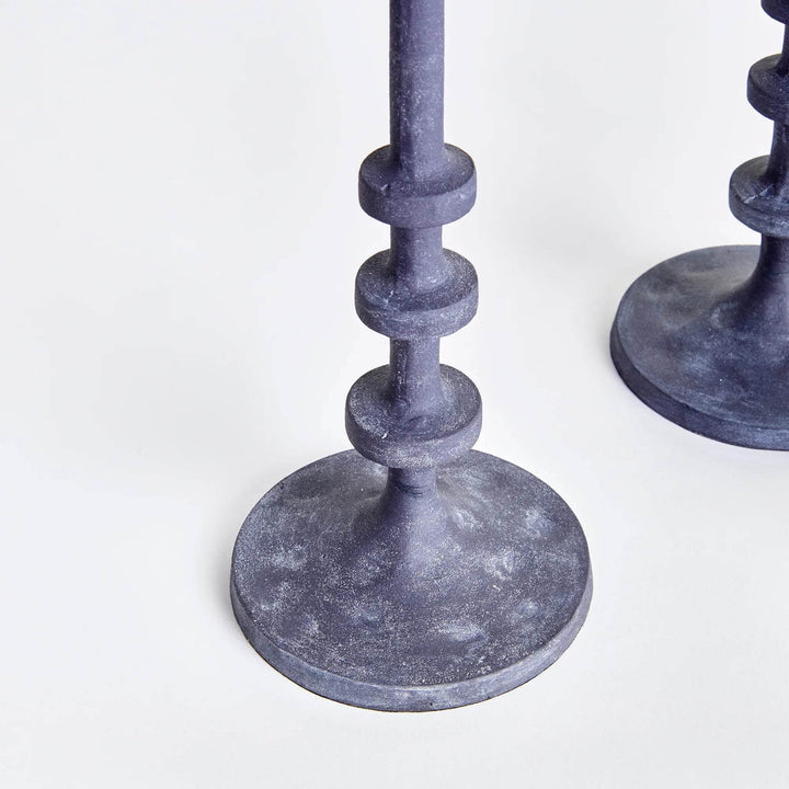 Detailed close-up of round base on industrial black taper holder showing matte black textured finish – Industrial Style