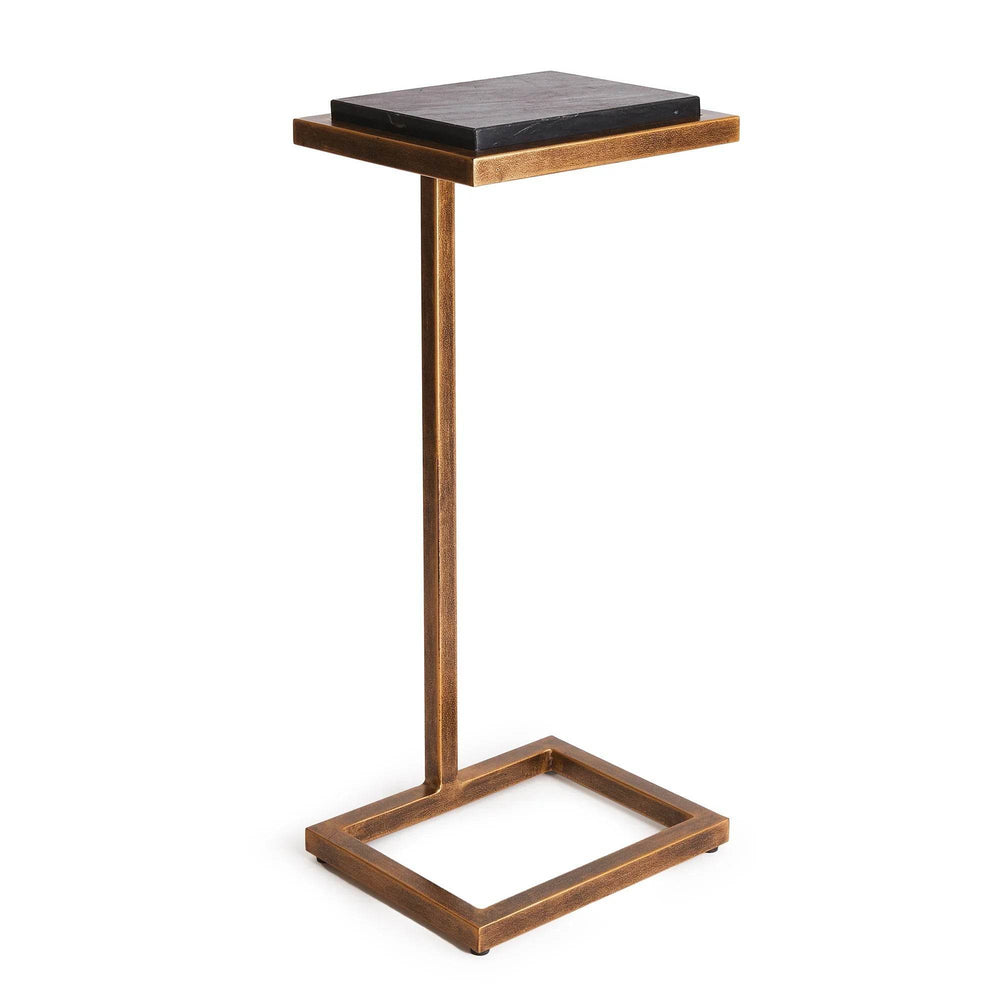 Slim 23.5 inch iron accent table with antique brass frame and black marble top, shown against white background – Modern Industrial