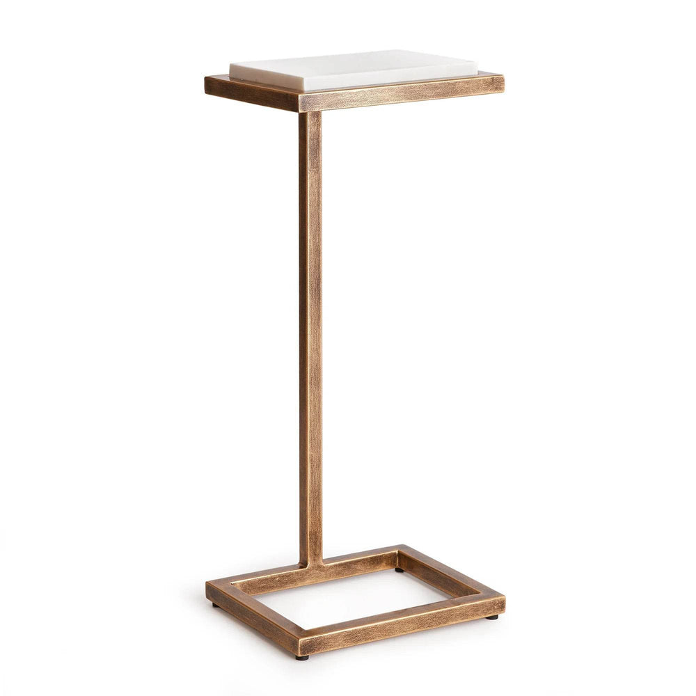 Slim 23.5 inch iron accent table with antique brass frame and white marble top, shown against white background – Modern Industrial