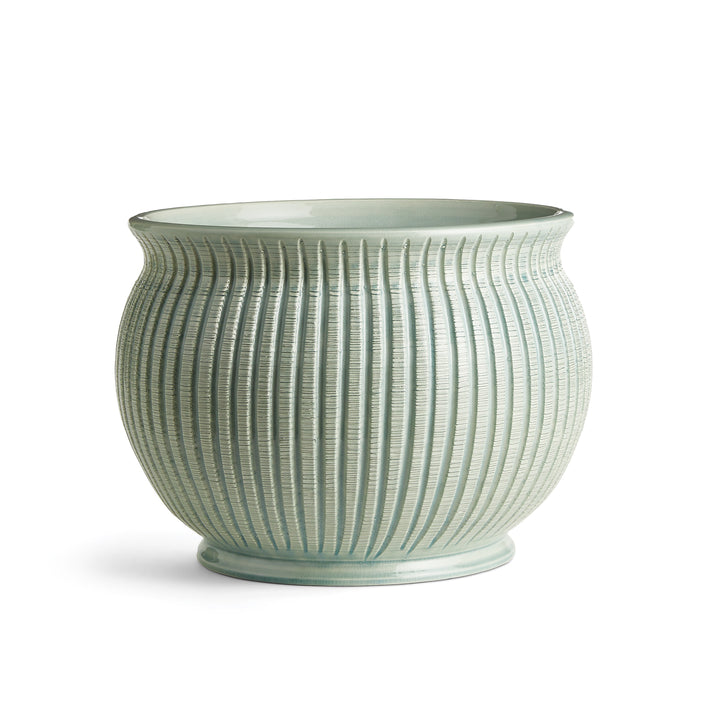 Front view of ribbed celadon Italian cachepot with modern Mediterranean style.