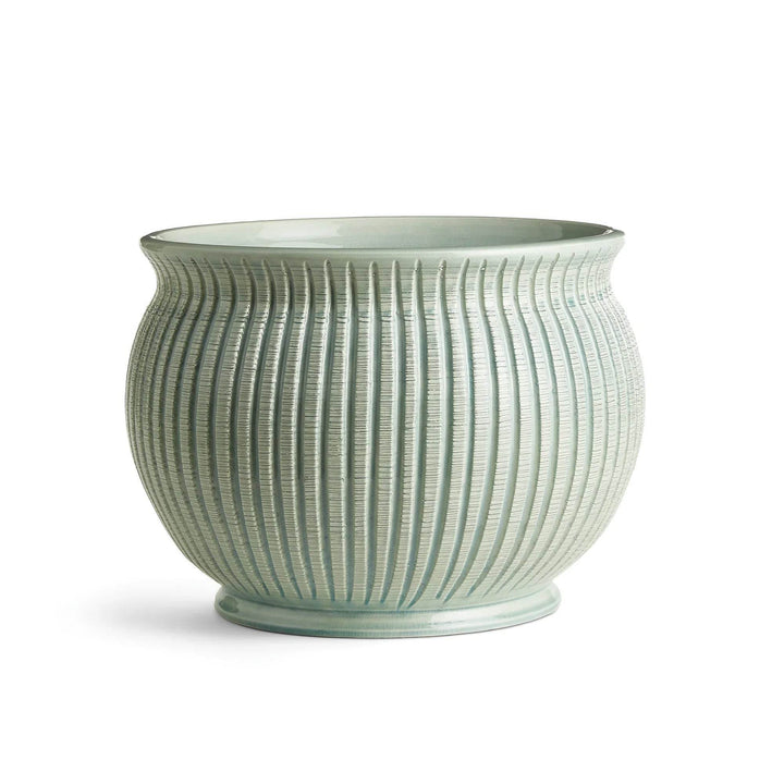Front view of ribbed celadon Italian cachepot with modern Mediterranean style.