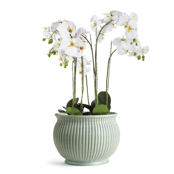 Modern Mediterranean Italian cachepot styled with faux white orchid stems.

