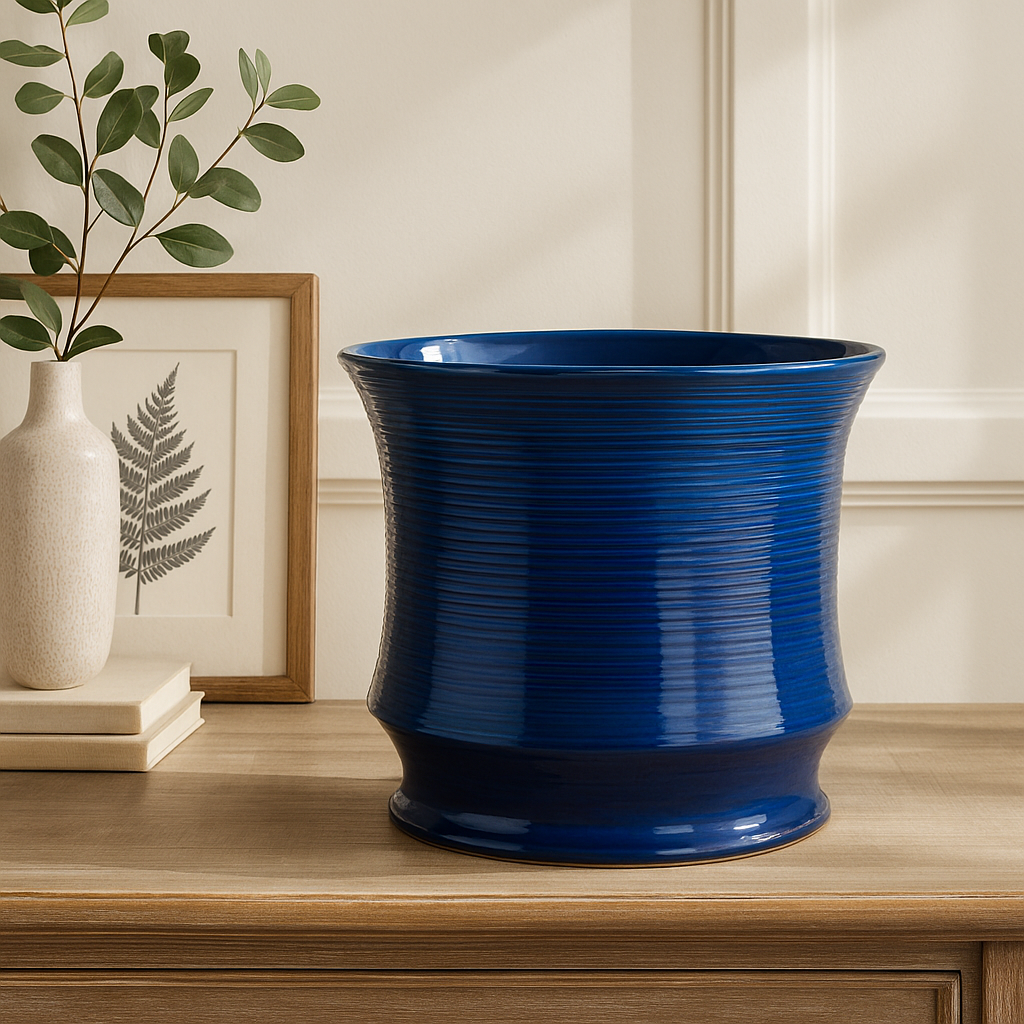 Lifestyle view of Italian ceramic cachepot in deep blue, styled as a centerpiece on a neutral wood table