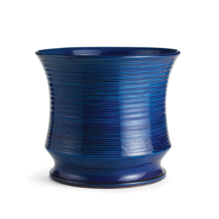 Italian ceramic vase with flared rim and ribbed detail in deep blue finish
