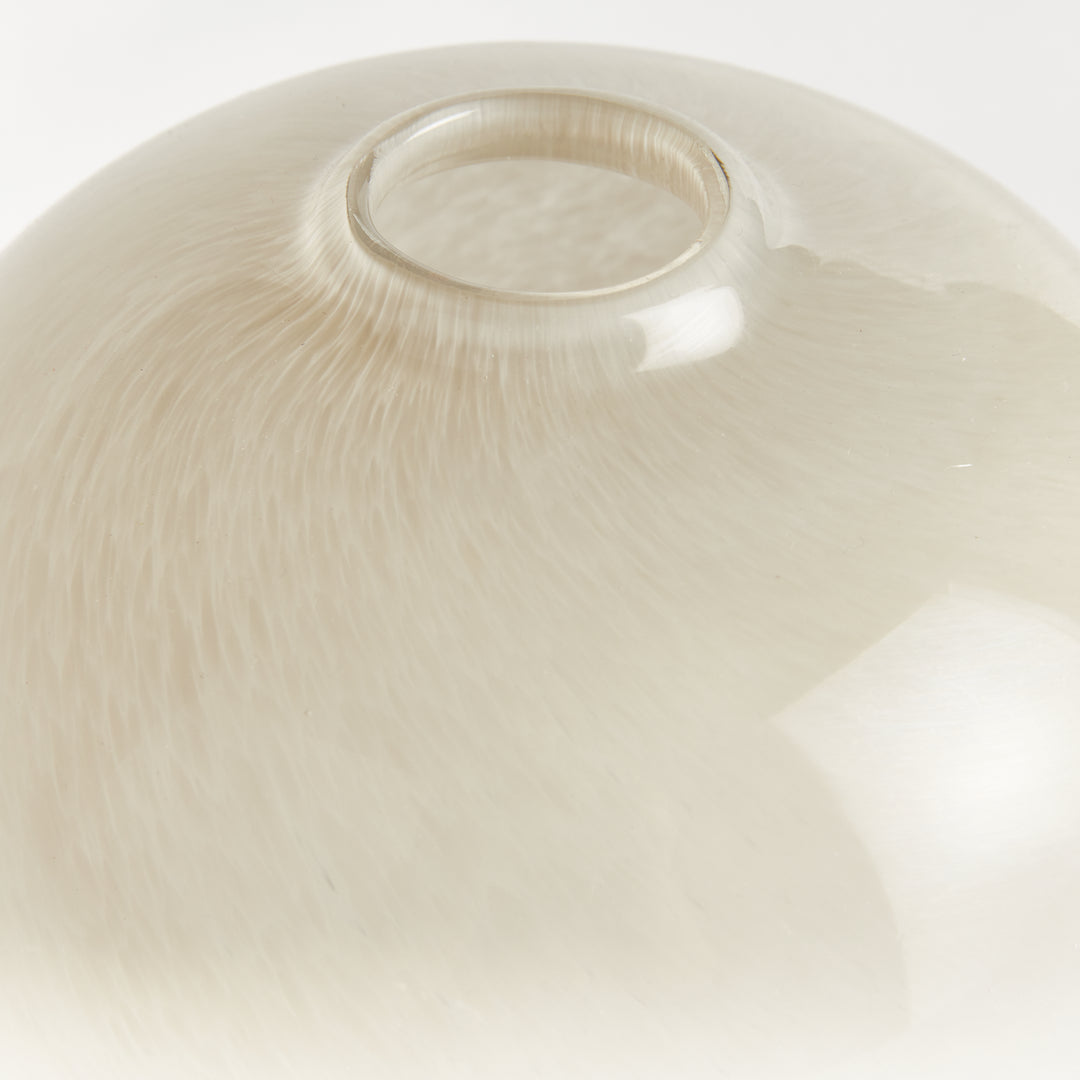 Close view of the Ivory round glass vase opening and curved shoulder, showing color within the glass, Modern Organic style
