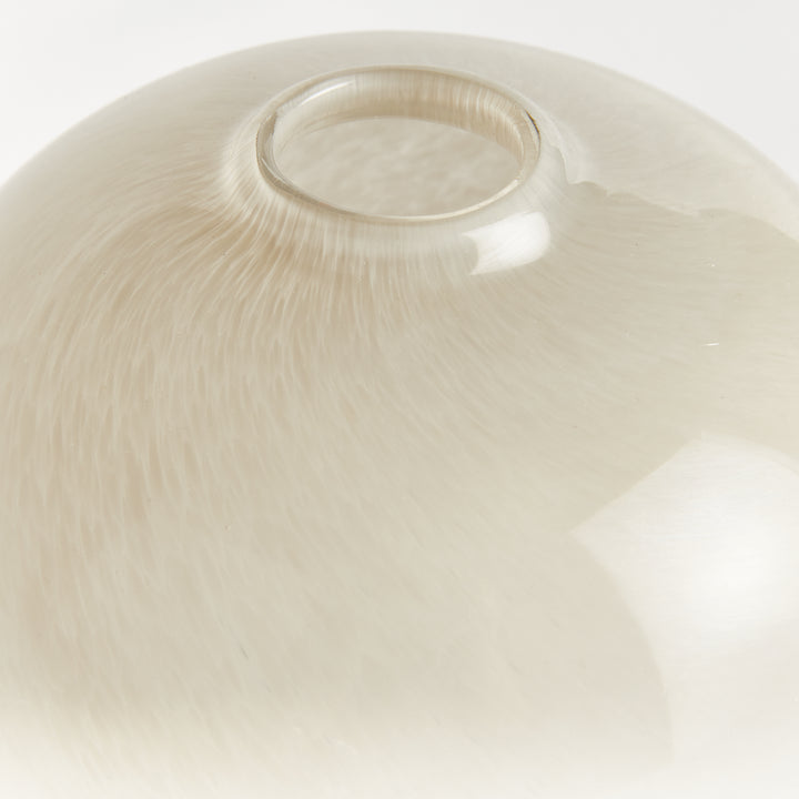 Close view of the Ivory round glass vase opening and curved shoulder, showing color within the glass, Modern Organic style