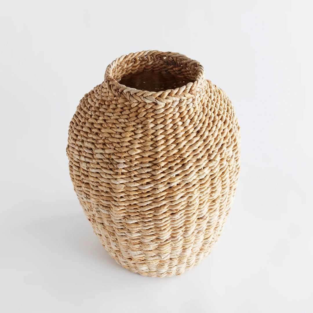Large handwoven abaca teardrop vase shown in full view, natural tan fiber with rounded silhouette – Modern Farmhouse