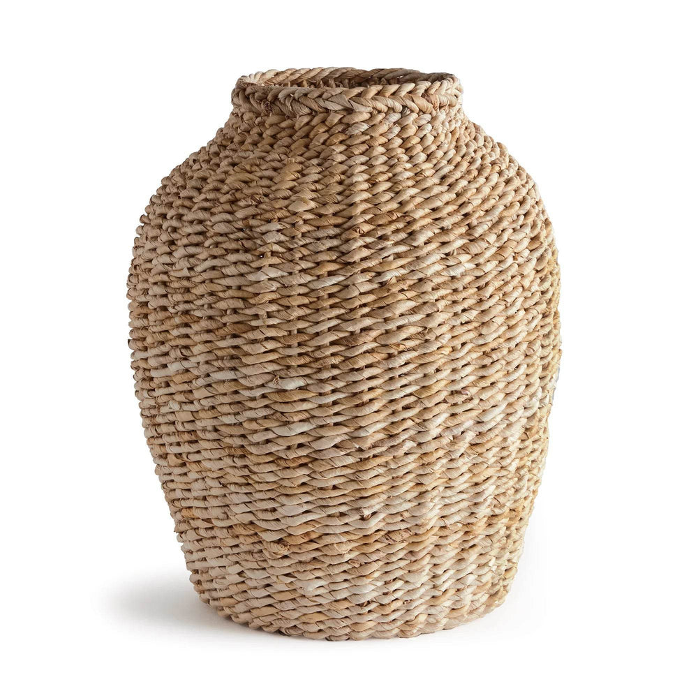 Oversized abaca fiber teardrop vase photographed from side angle, highlighting height and woven body – Coastal