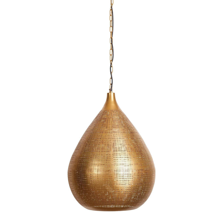 Large antique brass finish teardrop pendant with a woven iron shade and hanging chain against plain white, Transitional style