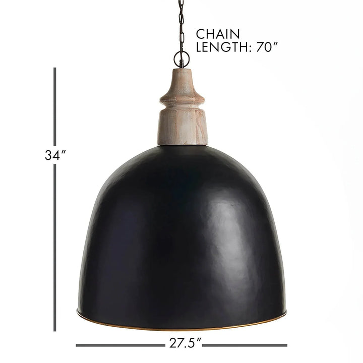 Large black dome pendant diagram showing fixture height, width and chain length with turned wood top, Modern Farmhouse style