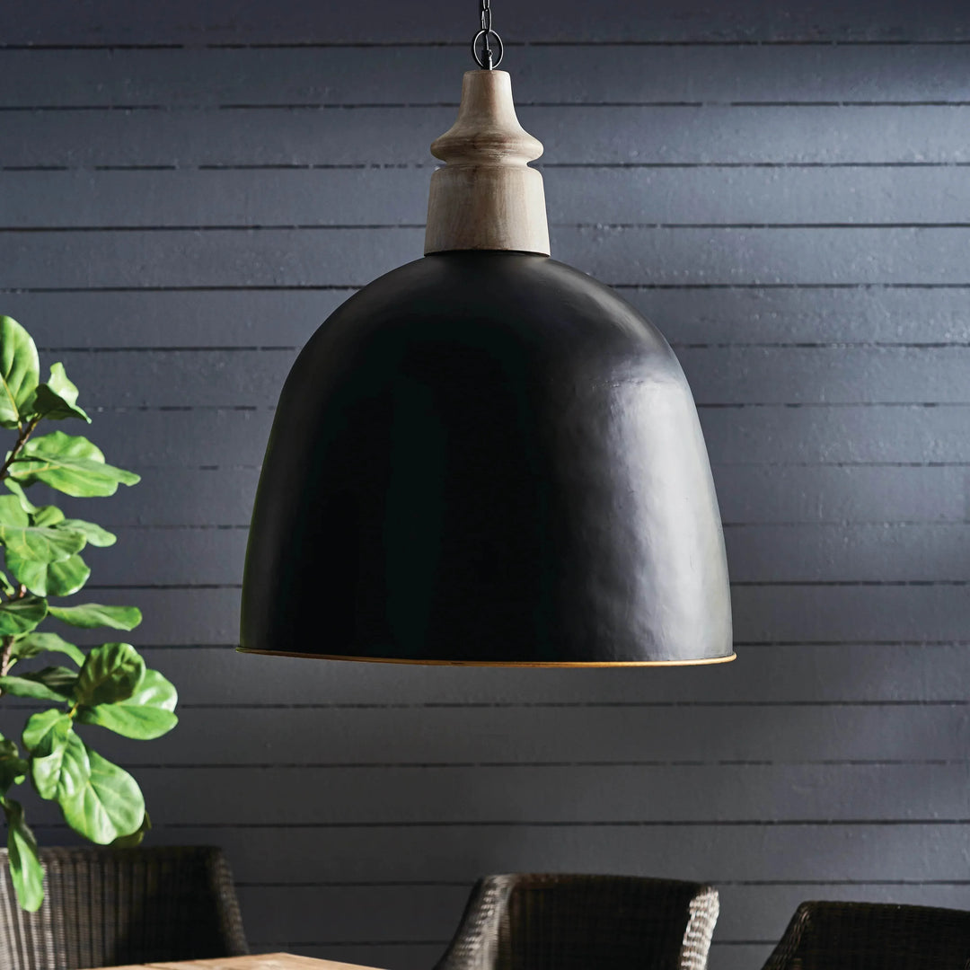Large black dome pendant with wood accent, hanging before a dark paneled wall beside bright greenery, Modern Farmhouse style