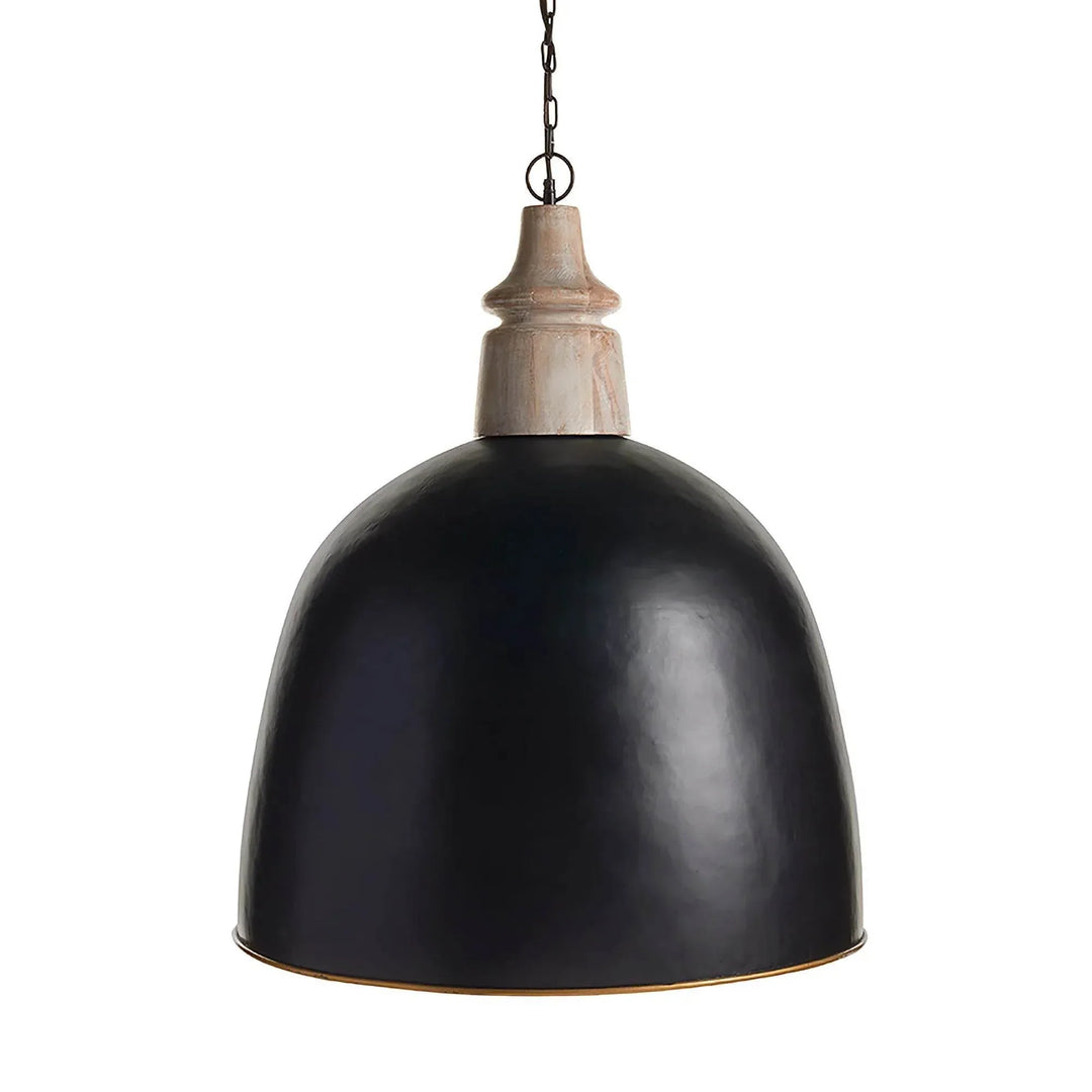 Large black dome pendant with a wood accent, broad rounded shade and chain against a white background, Modern Farmhouse style