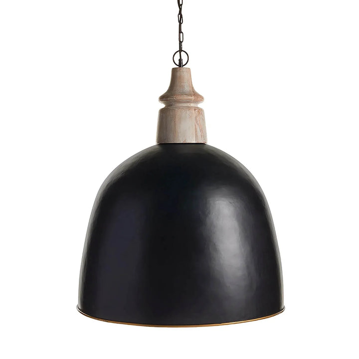 Large black dome pendant with a wood accent, broad rounded shade and chain against a white background, Modern Farmhouse style