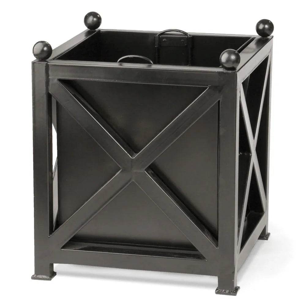 Large black metal outdoor planter with X-frame design and decorative ball finials