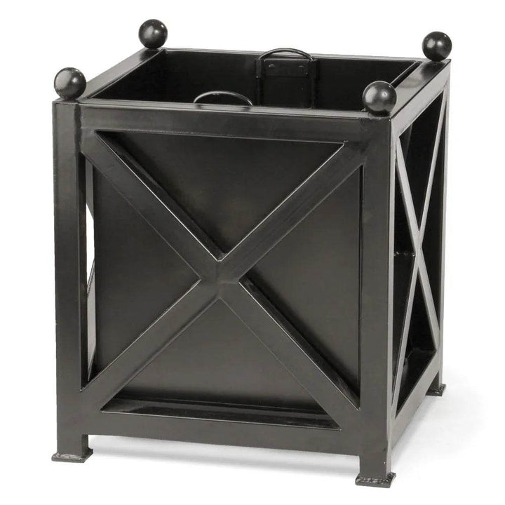 Large black metal outdoor planter with X-frame design and decorative ball finials