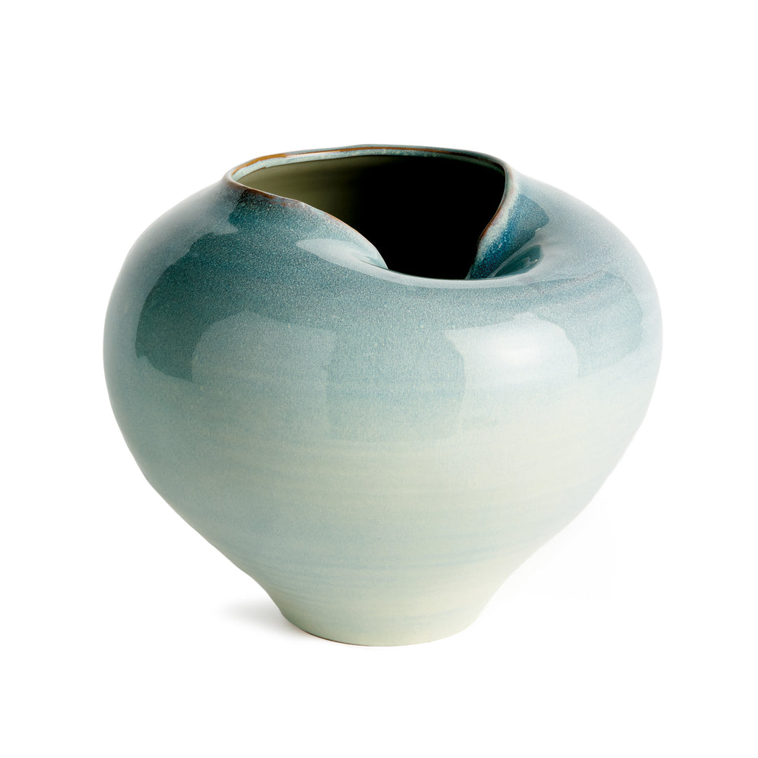 Large blue reactive glaze stoneware vase with artistic indented opening and organic rounded shape – Modern Organic