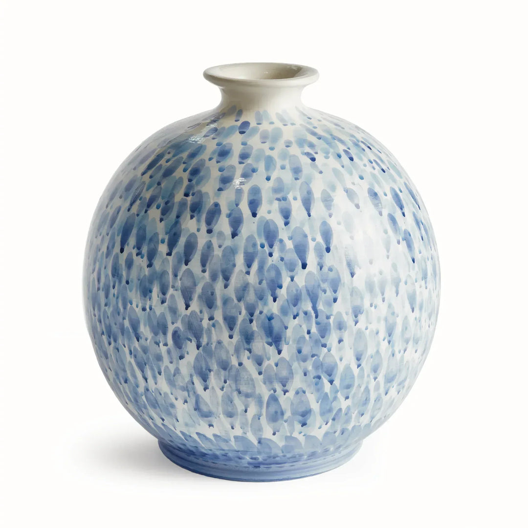 Large blue and white ceramic vase with rounded body, narrow neck and painted droplet pattern, on white, Coastal Transitional