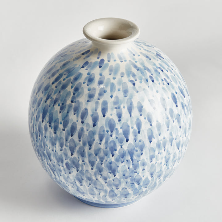 Angled view of a large blue and white ceramic vase with round body, narrow opening and painted pattern, Coastal Transitional