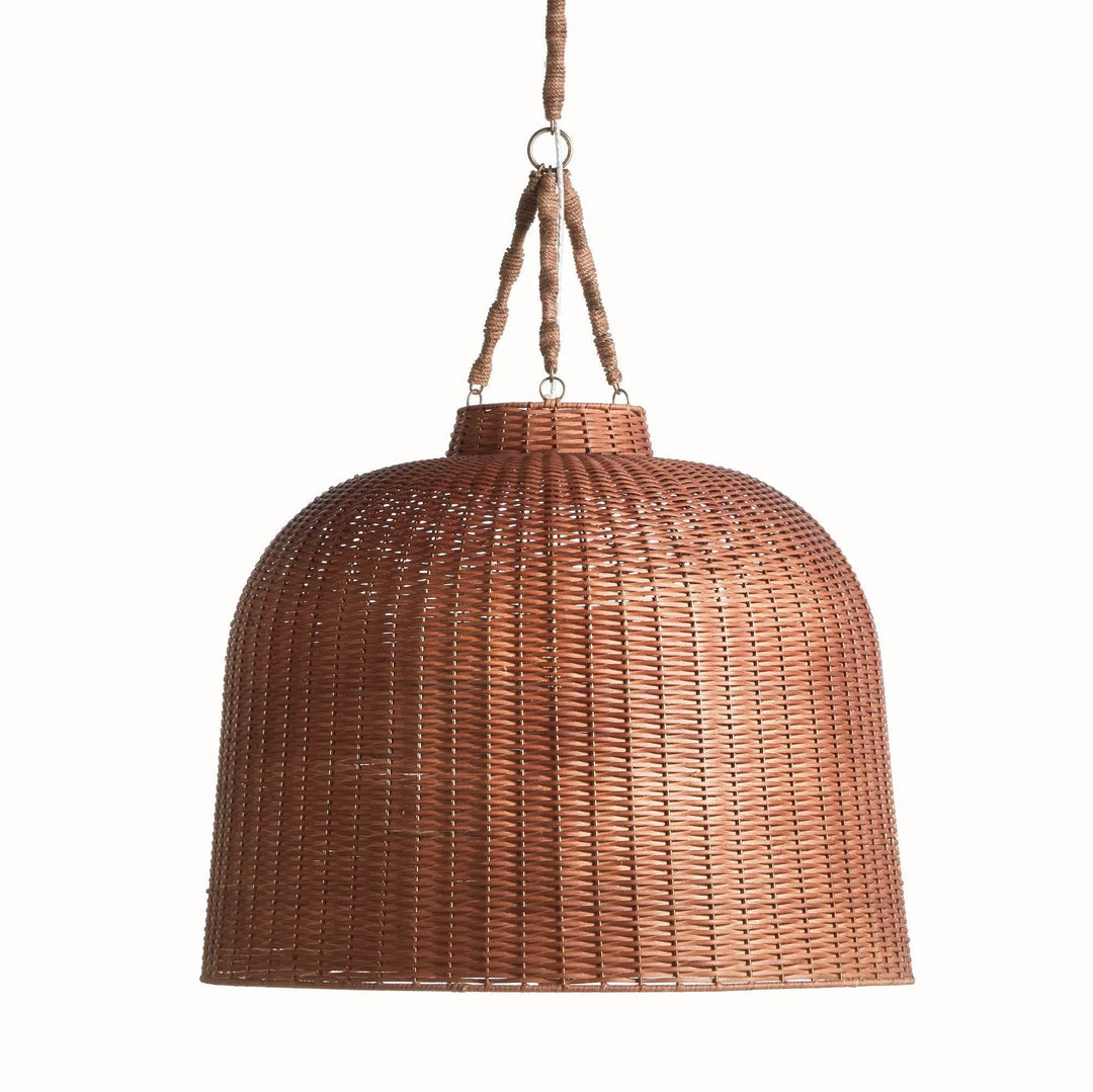 Large brown handwoven rattan bell pendant with rounded shoulders and wrapped supports against white background, Coastal style