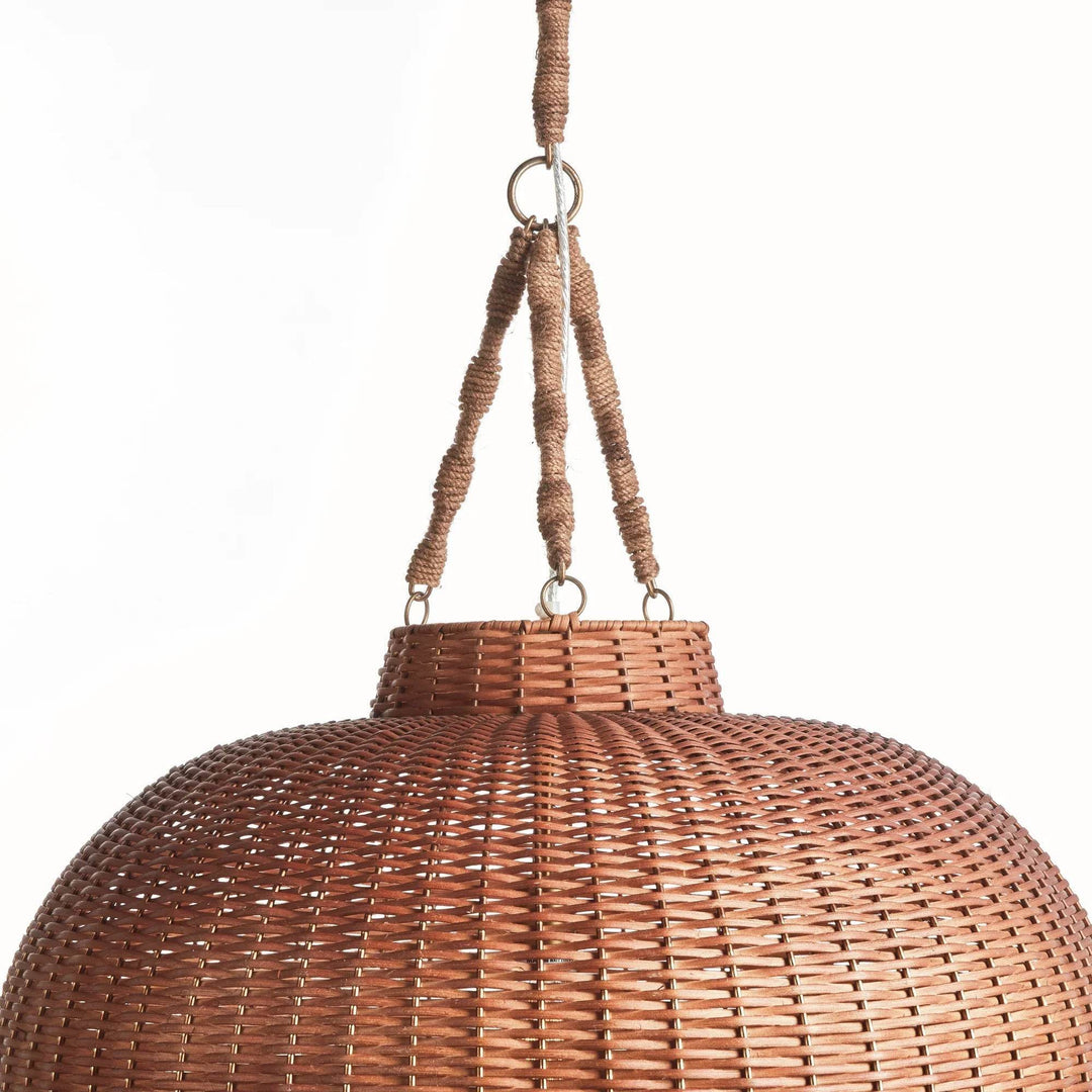 Large brown rattan bell pendant top showing wrapped supports, metal rings and rounded handwoven shade below, Coastal style