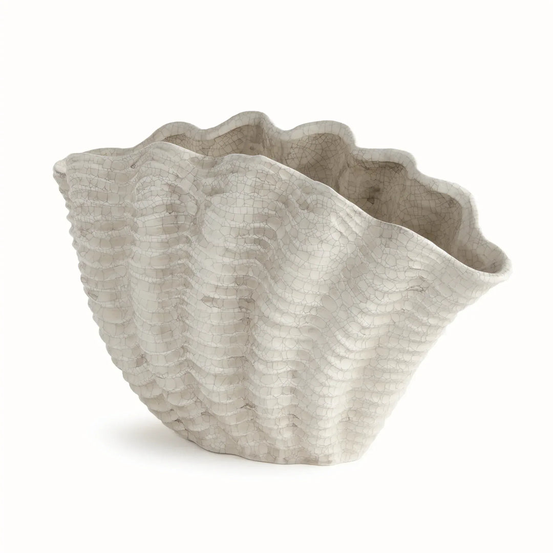 Large cream clay shell vase with a flared scalloped rim and ribbed curved body, shown against white, Coastal Transitional