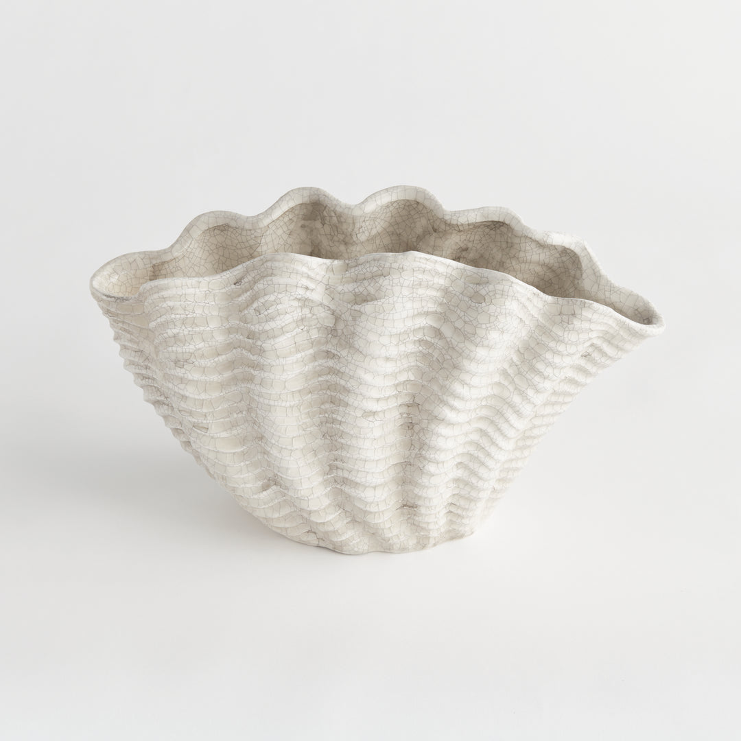 Front view of a large cream shell vase showing its flared opening, ribbed body and antiqued surface, Coastal Transitional