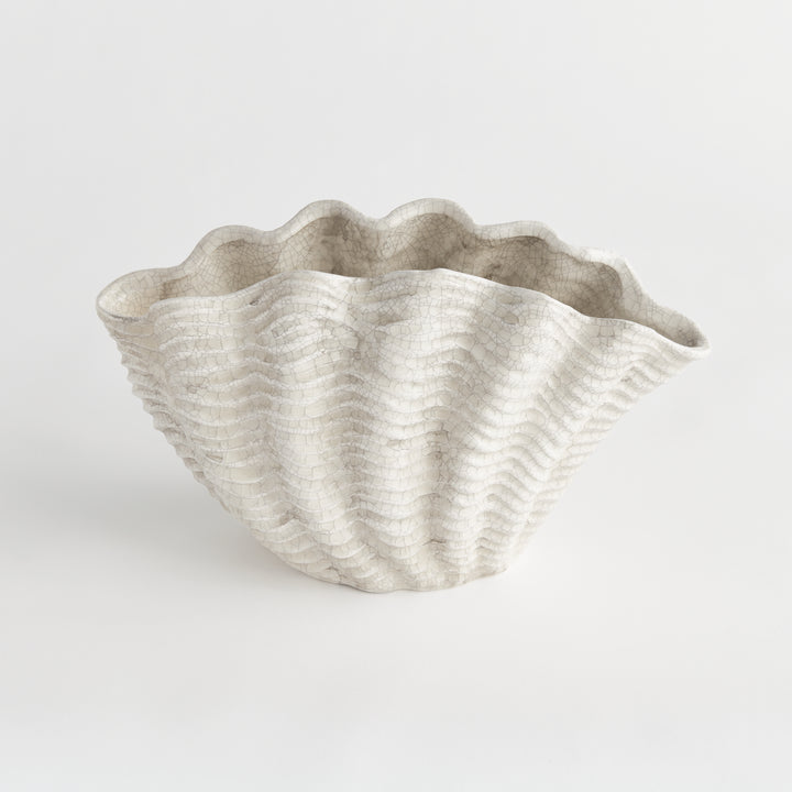 Front view of a large cream shell vase showing its flared opening, ribbed body and antiqued surface, Coastal Transitional