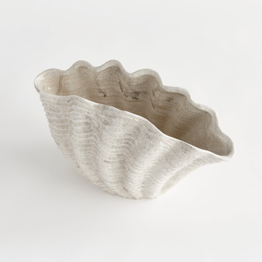 Angled view of a large cream clay shell vase showing the scalloped opening and textured curved exterior, Coastal Transitional