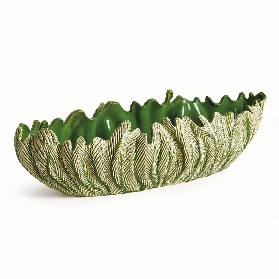 Large decorative oval bowl in green with sculpted frond texture and reactive glaze handcrafted centerpiece style