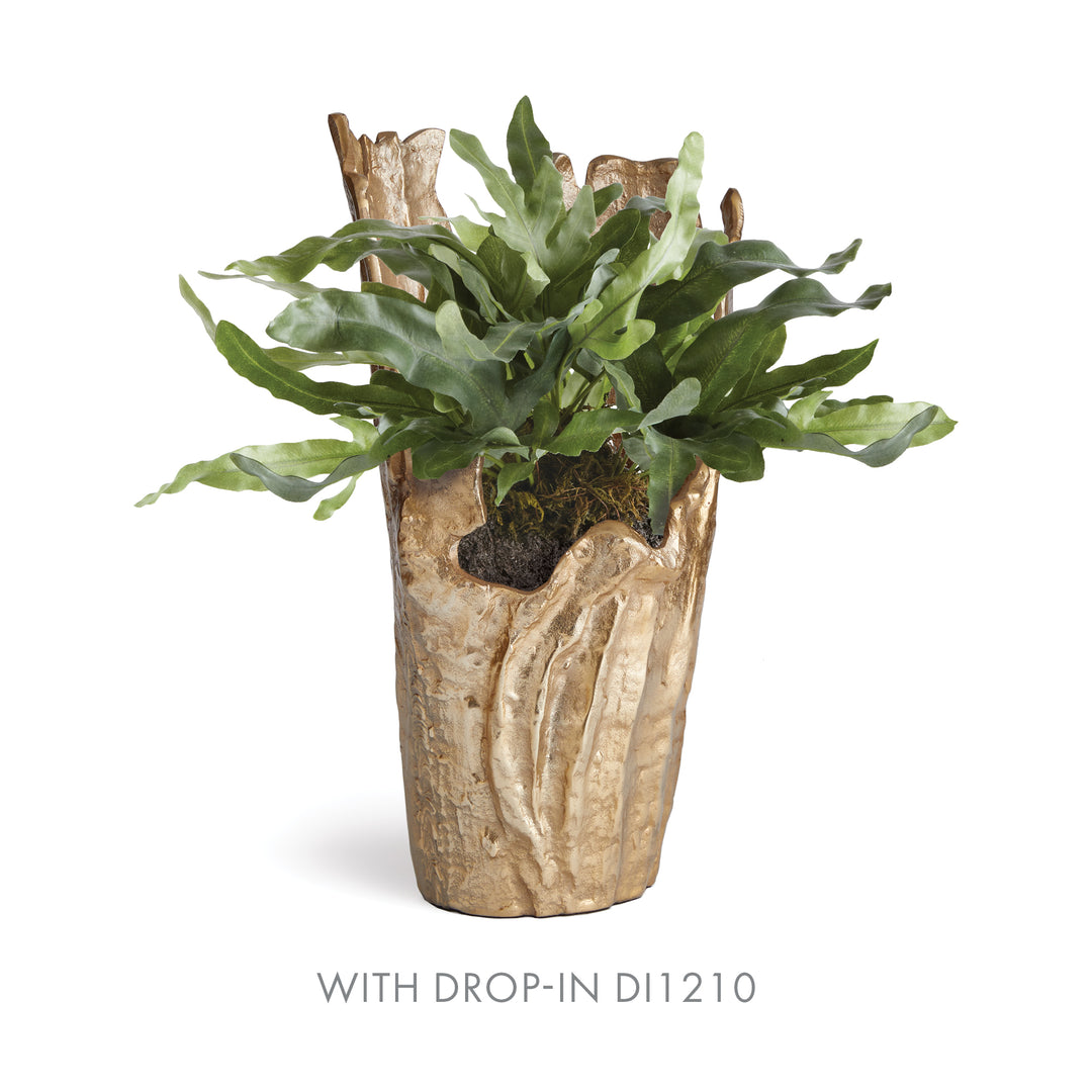 Large gold aluminum decorative vase with fern drop-in in liner; textured gold surface and organic shape – Modern Organic.