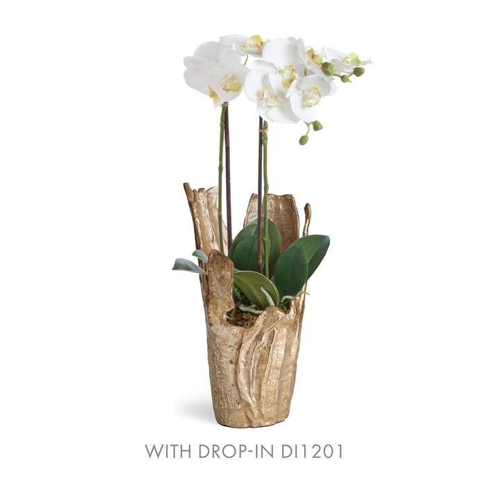 Large gold aluminum decorative vase with maidenhair fern drop-in; textured surface and organic silhouette – Modern Organic.