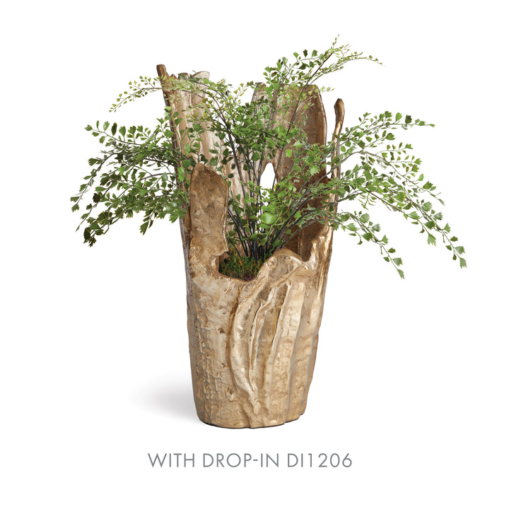 Large gold aluminum decorative vase with orchid drop-in in liner; organic silhouette and warm gold finish – Modern Organic.