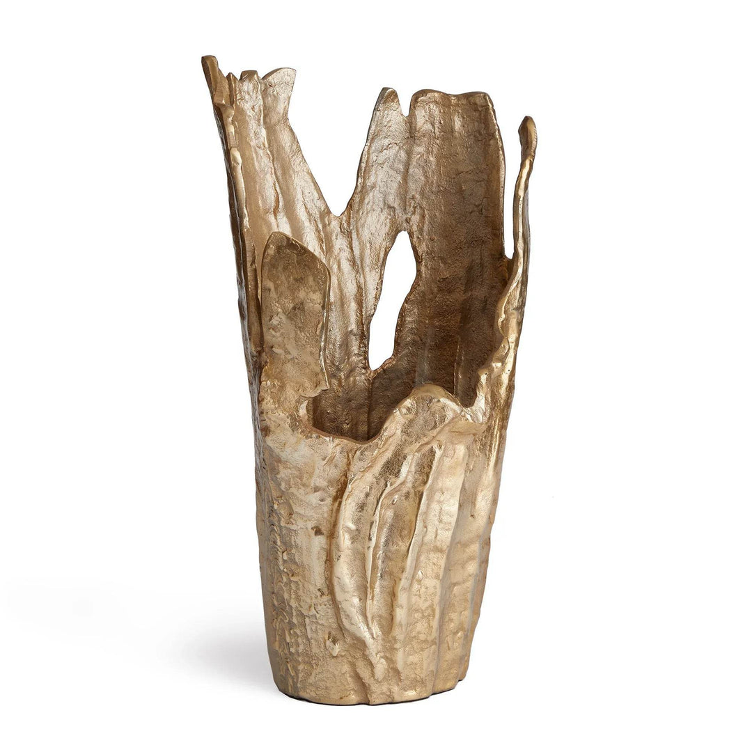 Large gold aluminum decorative vase on clean white with organic silhouette and textured rim, 18 inches tall – Modern Organic.