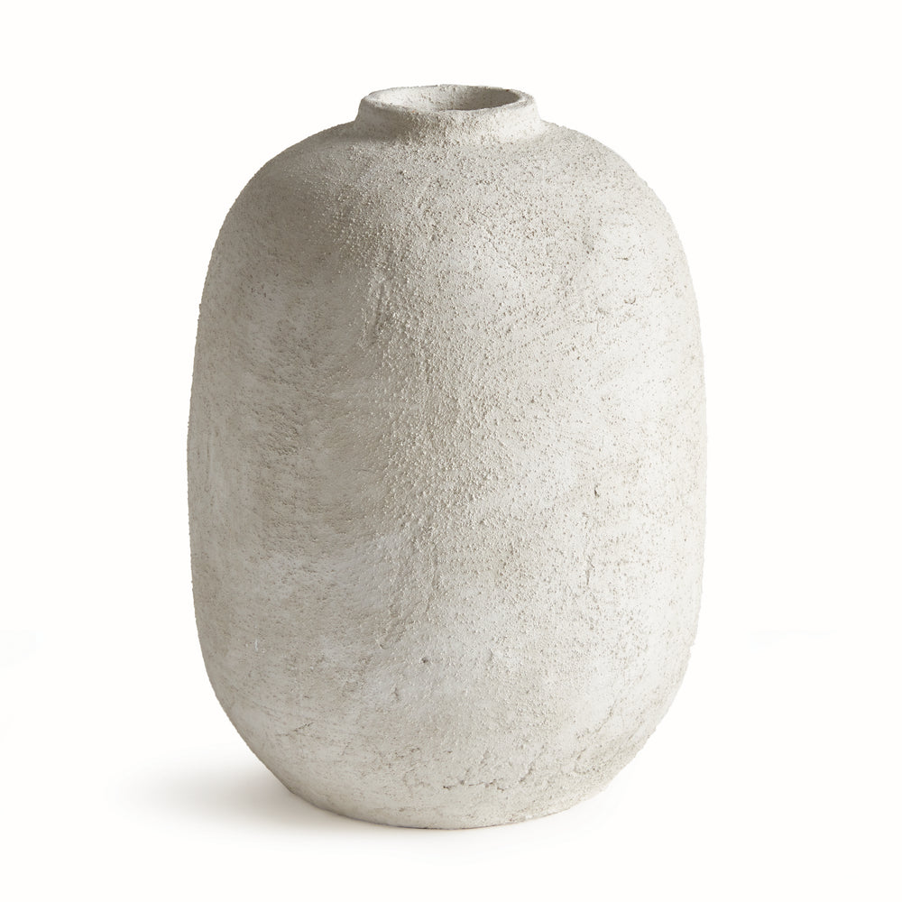 Front silo of large gray terracotta vase with textured finish and rounded shape, handcrafted artisan detail – Transitional