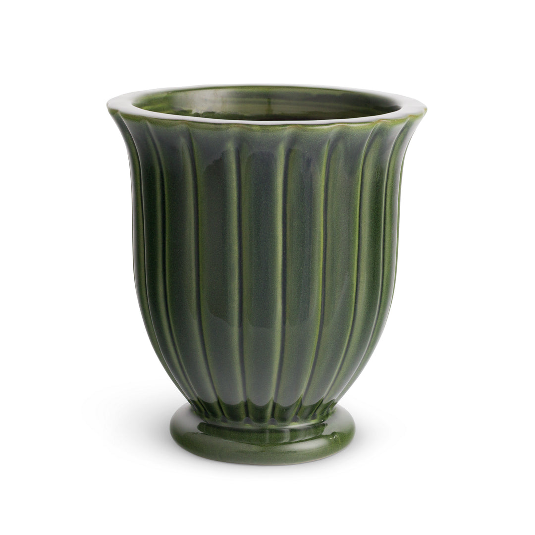 Large green ribbed earthenware planter pot with footed base and drainage hole for indoor or outdoor planting – Modern Organic