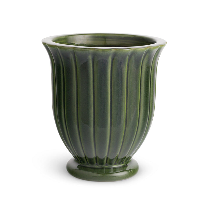 Large green ribbed earthenware planter pot with footed base and drainage hole for indoor or outdoor planting – Modern Organic