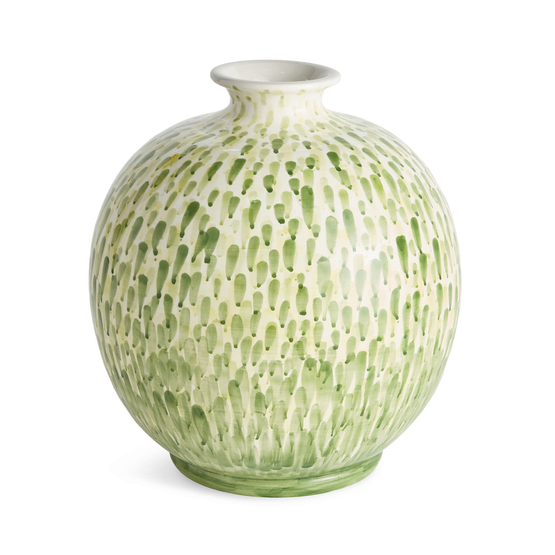Large green and white ceramic vase with rounded body, narrow neck and painted droplet pattern, on white, Coastal Transitional