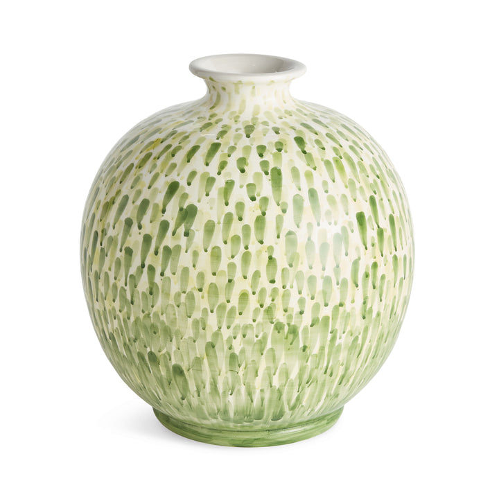 Large green and white ceramic vase with rounded body, narrow neck and painted droplet pattern, on white, Coastal Transitional