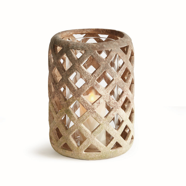 Large moss terracotta hurricane candle holder with lattice cutout detailing and glass insert – Transitional style.