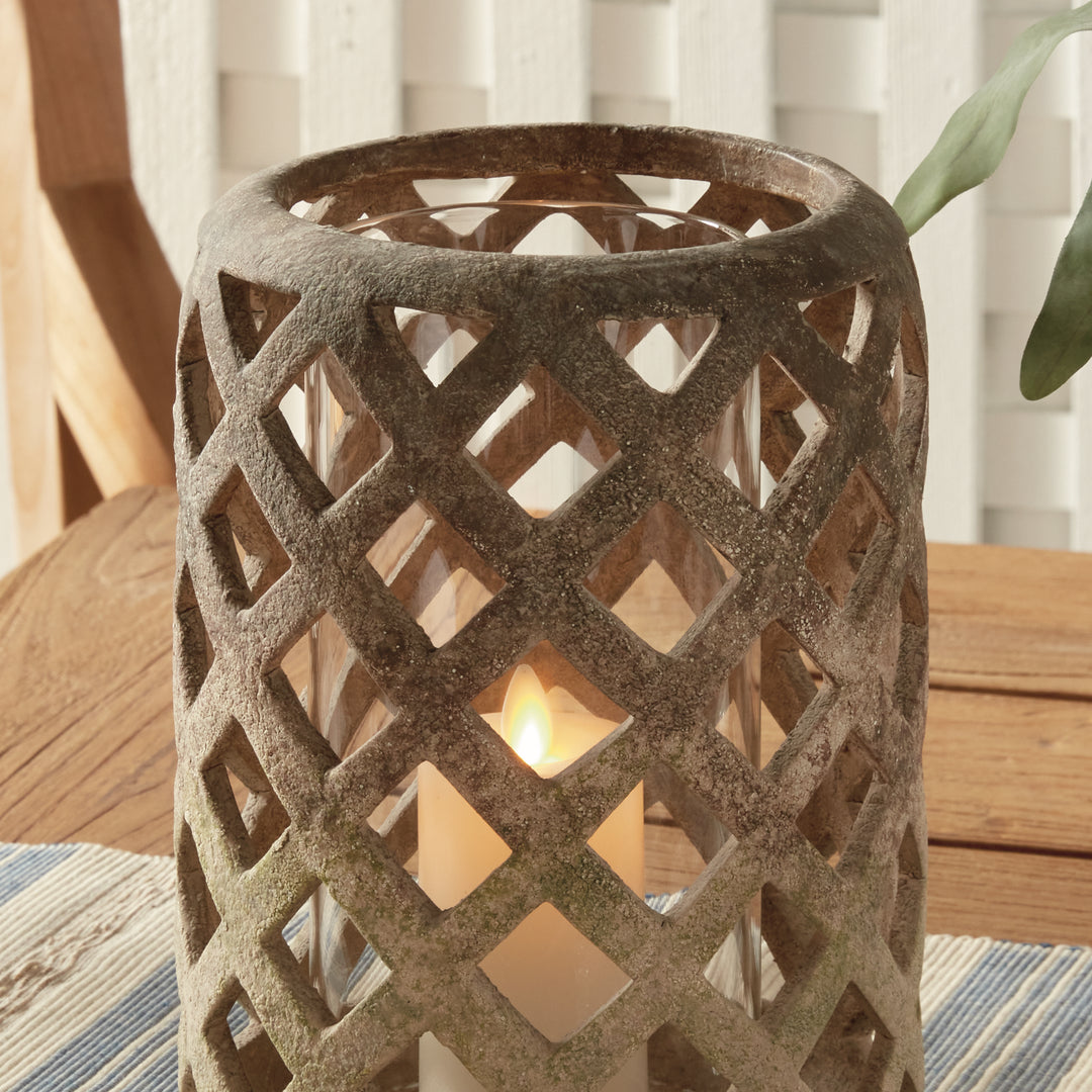 Top angled view of large moss terracotta hurricane candle holder with glass insert – Transitional style.