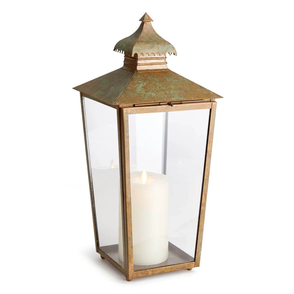 Front silo of large patina metal lantern with pagoda-inspired top, glass panels, and weathered green finish – Transitional, Rustic, Asian-Inspired