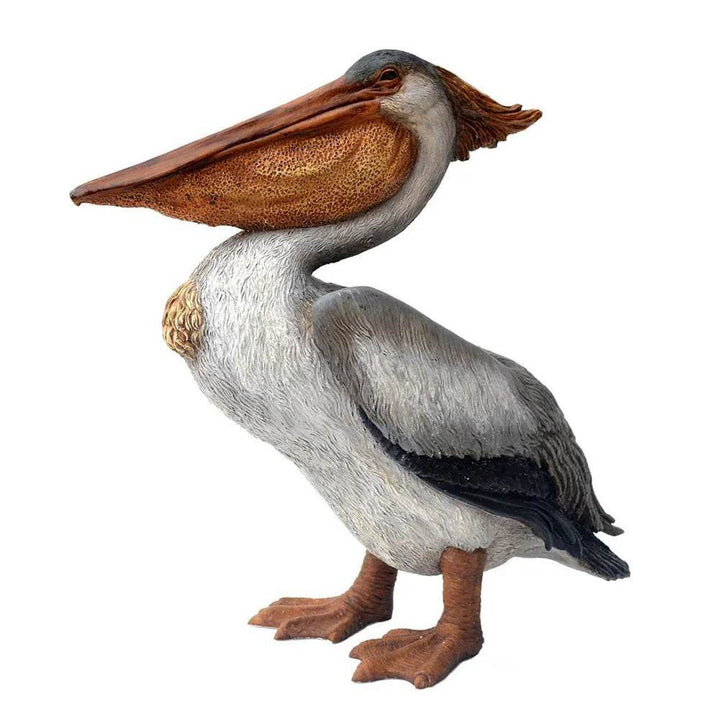 Large pelican garden statue made of weather-safe resin, front view on white background