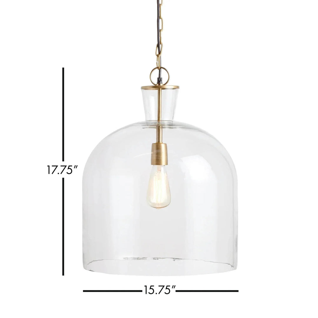 Large clear glass bell pendant diagram showing fixture width and height beneath a chain and upper fitting, Transitional style