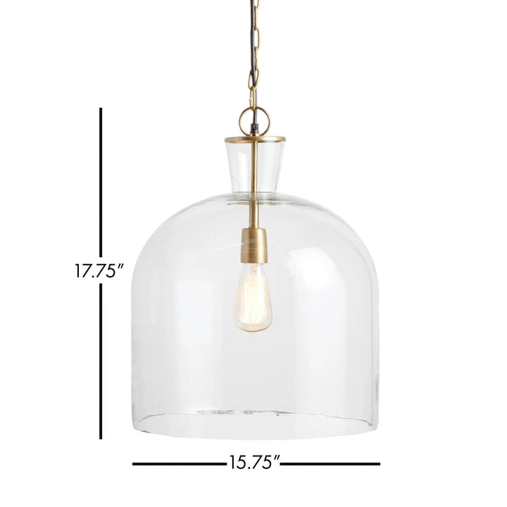 Large clear glass bell pendant diagram showing fixture width and height beneath a chain and upper fitting, Transitional style