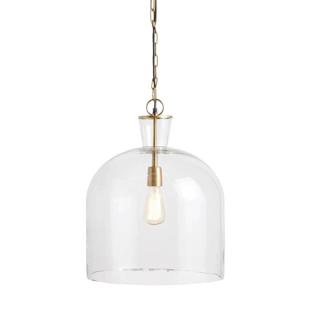 Large clear seeded glass bell pendant with a broad curved body, brass-finished fittings and hanging chain, Transitional style